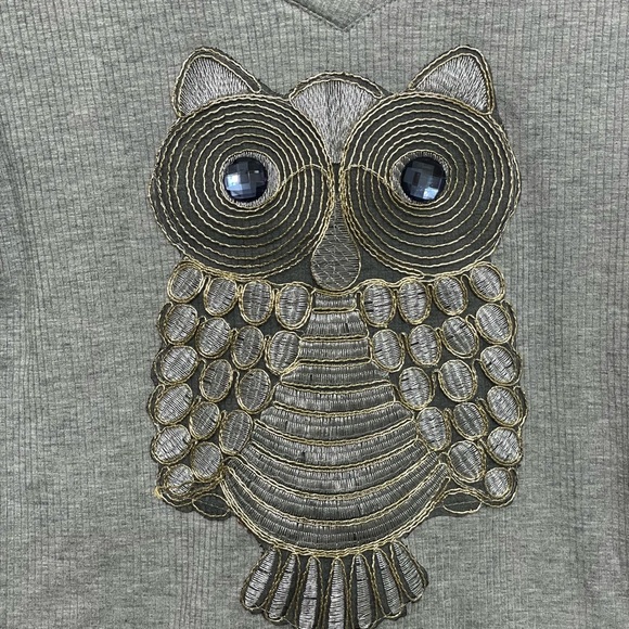 NWT Womens  Gray Long Sleeve Crop Top Large Metallic Owl Size L/XL - Picture 2 of 5